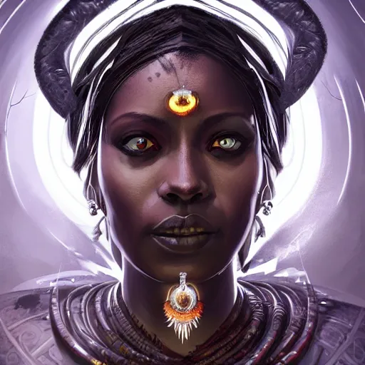 Image similar to a dark and ominous african queen with glowing eyes, a black diamond in her forehead, and jewelry made of bones, magic circles, magic vortex, Apex Legends character digital illustration portrait design, by android jones and greg rutkowski in a cyberpunk voodoo style, detailed, cinematic lighting, wide angle action dynamic portrait