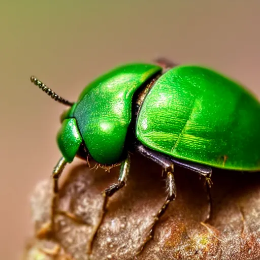 Image similar to green beetle with snail home, photorealistic, close - up