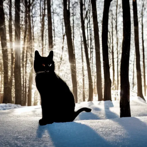 Image similar to Award winning photo of a black cat in a snowy forest at afternoon, lens flare, bokeh, telephoto