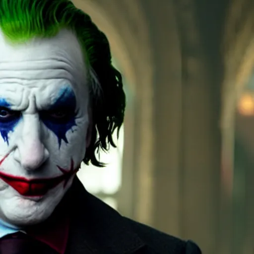 Prompt: film still of Alan Rickman as joker in the new Joker movie