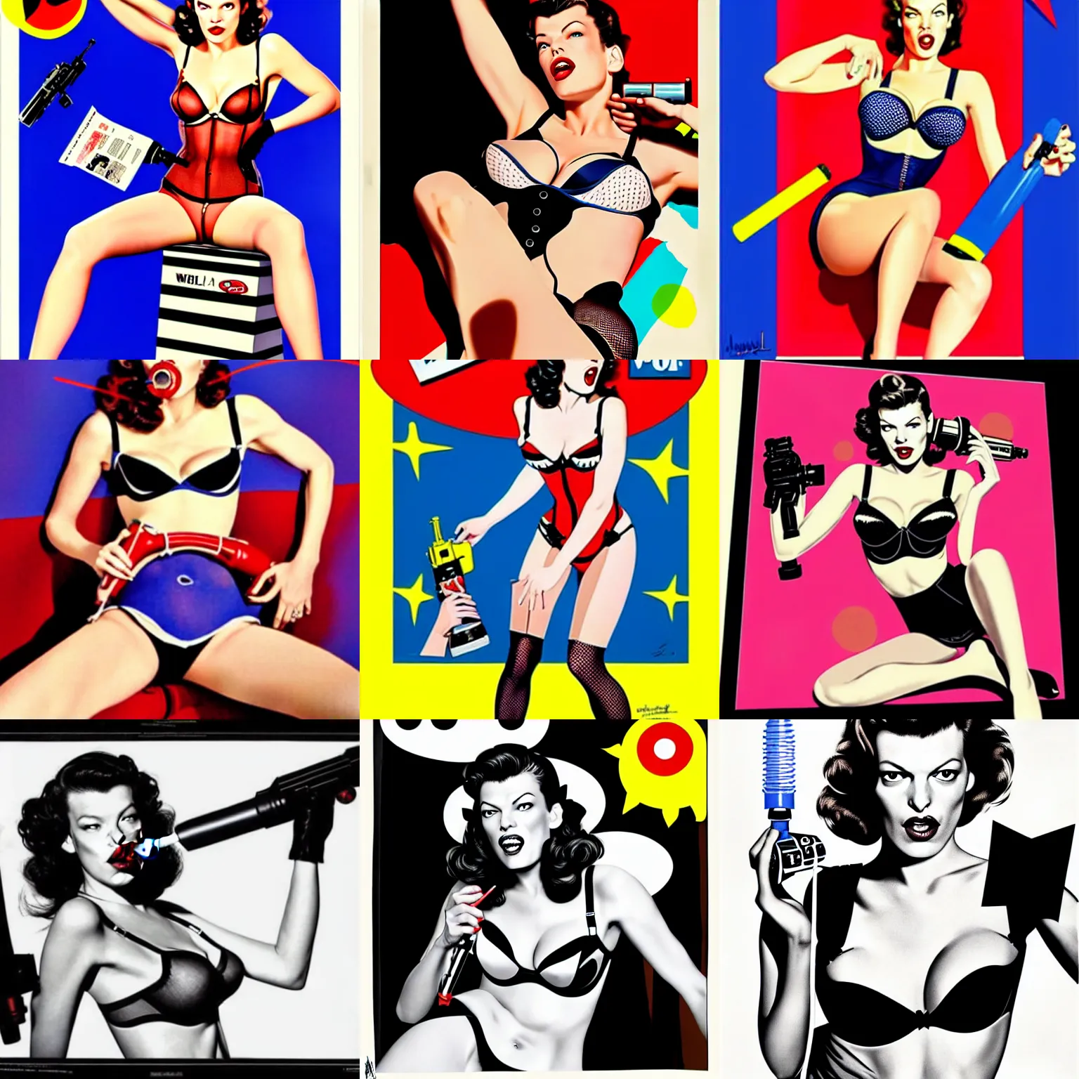 Prompt: mila jovovich in classic pin - up girl pose wearing sexy lingerie holding a ray - gun and blowing a bubble, pop art poster by andy worhol