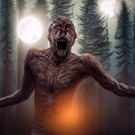 Image similar to man ripping off his skin turning into a werewolf, forest scenery, full moon, illuminated lighting, highly detailed, 4 k