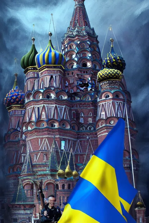 Image similar to special forces soldier raising ukrainian blue and yellow flag, kremlin st. basil cathedral in the background, masculine figure, d & d, fantasy, bright atmosphere, volumetric lights, intricate, elegant, extremely detailed, digital painting, artstation, concept art, matte, smooth, sharp focus, hyper realistic, illustration, art by artgerm and greg rutkowski and alphonse mucha