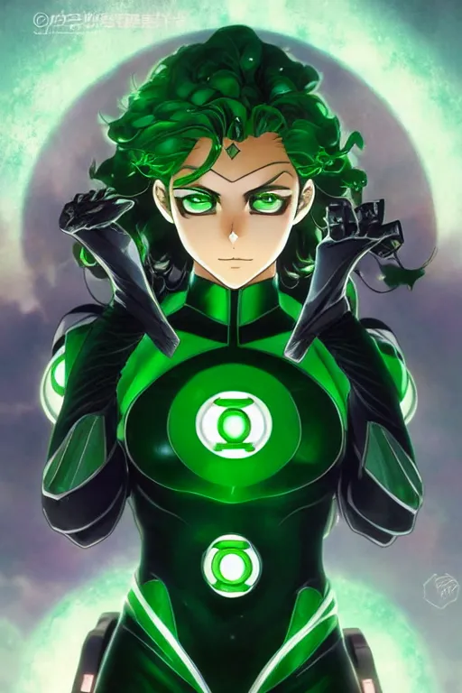 Image similar to anime key visual of a beautiful young female green lantern!! intricate, green and black suit, glowing, powers, dc comics, cinematic, stunning, highly detailed, digital painting, artstation, smooth, hard focus, illustration, art by artgerm and greg rutkowski and alphonse mucha