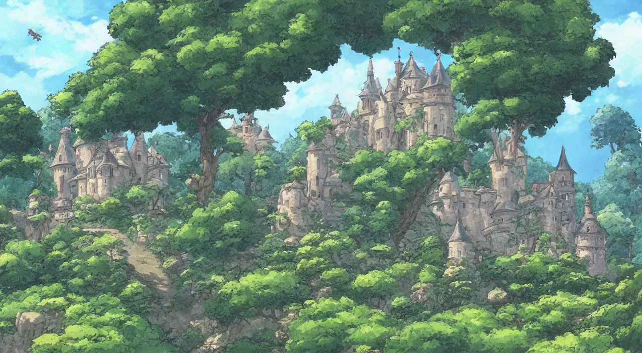 Image similar to a landscape painting of a French castle, with a garden, in the style of anime, by Studio Ghibli