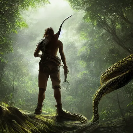 Prompt: a wide cinematic realistic painting from low angle of a small and frail adventurer armed with a sword, towered by a distant but gigantic snake monster, frightening and staring, immersed in thick and dense jungle with dim light filtering through the foliage, by mattias bergstrom, 8 k, extreme details, masterpiece, dramatic perspective, sigma 2 4 mm f / 8