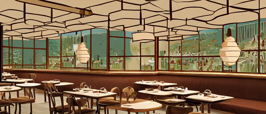 Prompt: a beautiful interior view illustration of a small roasted string hotpot restaurant of baota mountain in yan'an city, restaurant wall paper is a tower on a mountain, rectangle white porcelain table, black chair, animation illustrative style, from china, simple style structure decoration design, victo ngai, james jean, 4 k hd