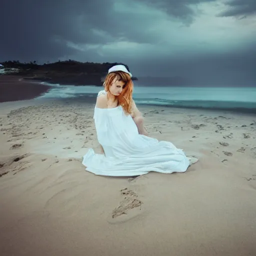 Image similar to lonely wonderful lady with a white large magnificent more and more vaporous ,wrapped ,hight decorated,detailed ,white roses cotton dress is moving in the sand near the ocean, during lightning storm, her face is visible , 8k