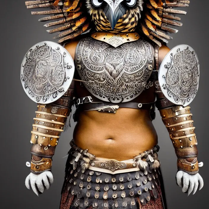 Image similar to photograph of a warrior with meal ornate owl armour. Extremely detailed. 8k