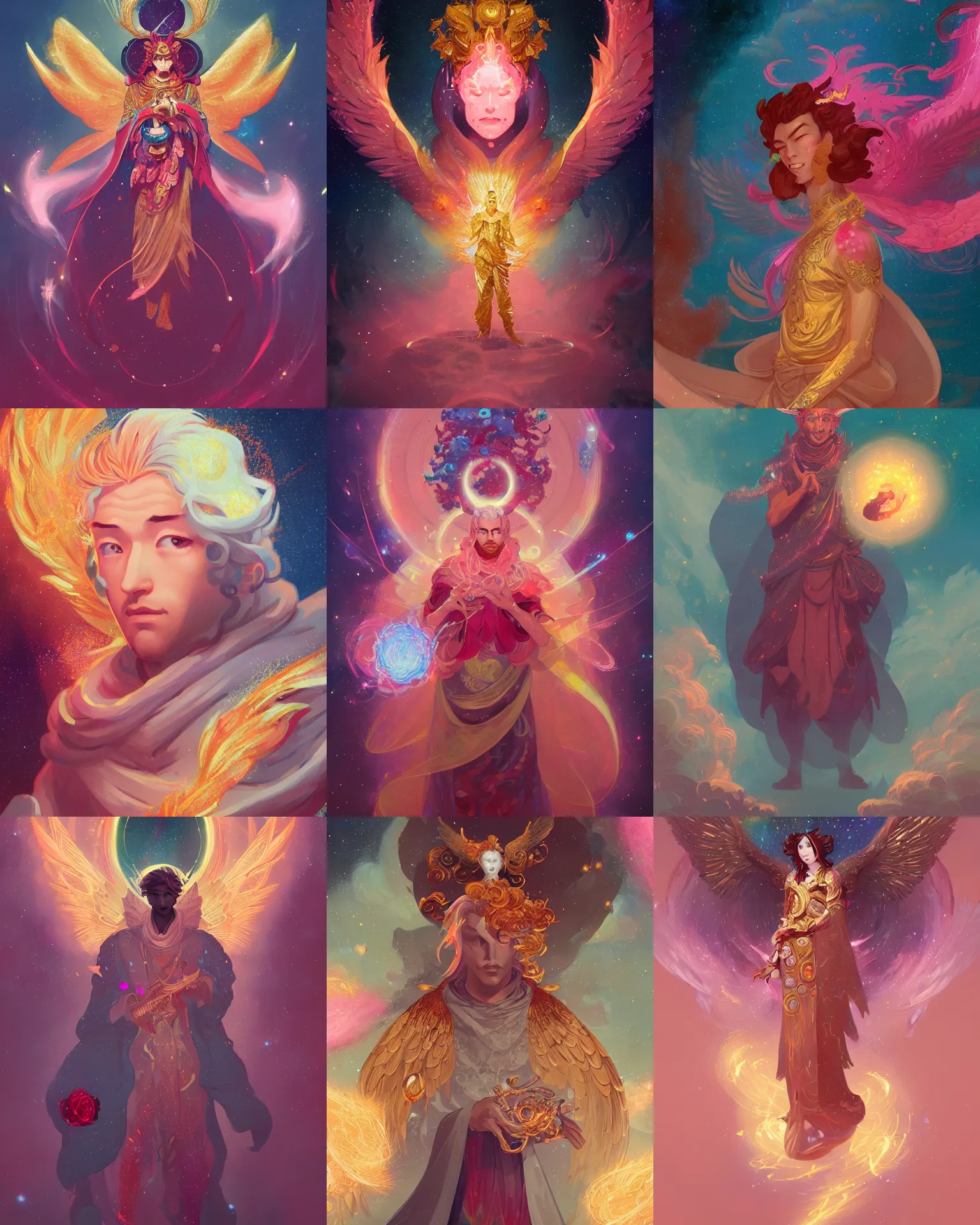 Image similar to a character portrait of only one male angel with golden fiery wings, surrounded with spiriling sparkling rose crystals and galaxies, by peter mohrbacher, hyper light drifter, ukiyo - e trending on artstation