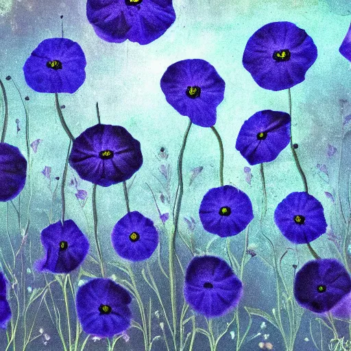 Image similar to detailed, intricate blue black and purple papaverum flower on the field, nebula in the sky