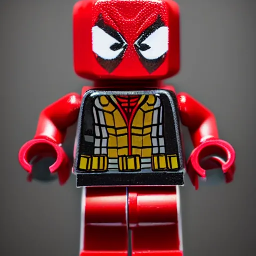 Image similar to deadpool as lego character, bokeh, photo, hyperrealistic, detailed textures and soft studio lighting, soft shadows, sharp focus, extreme detail, hyper realistic, award winning photo