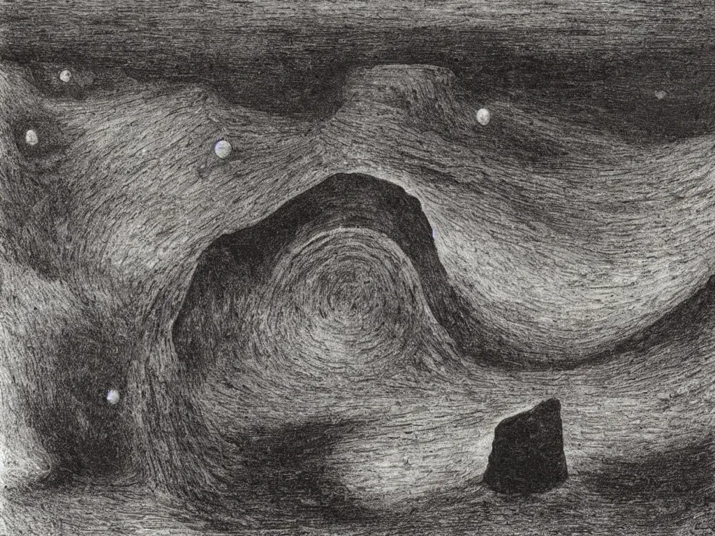 Prompt: Lunar landscape with giant African sculpted god in a crater, melancholy, noise, surreal. Painting by Alfred Kubin, Escher, Ernst Haeckel, Yves Tanguy