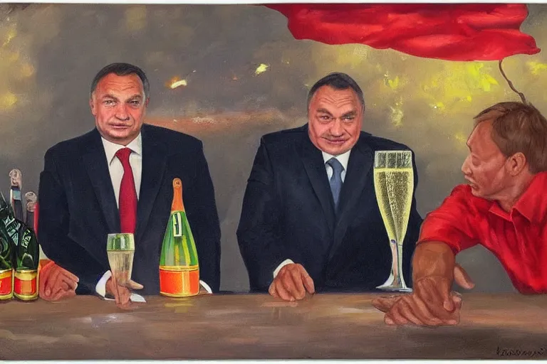 Prompt: viktor orban drinking champagne with putin in front a burning city, oil painting