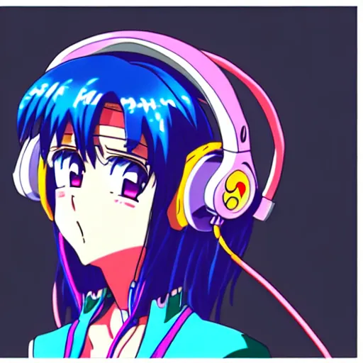 Image similar to An anime character's head wearing retro headphones. 90s anime, Sailor Moon, Neon Genesis, official art, flat cell shading, fantastic screenshot art, trending on artstation, muted nostalgic colors