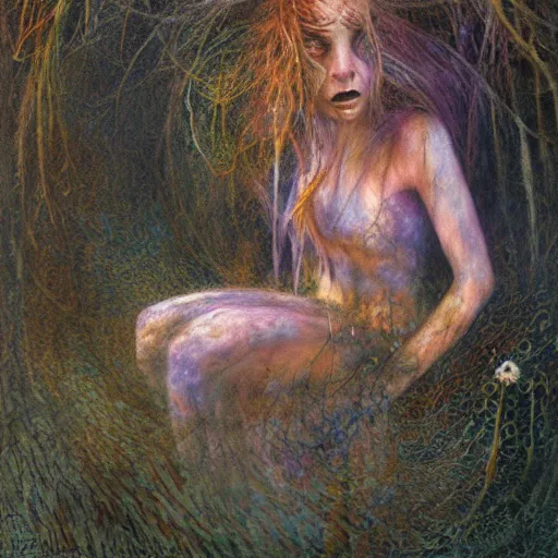 Prompt: rusalka of the blighted swamp, by brian froud, cold colors, oil on canvas