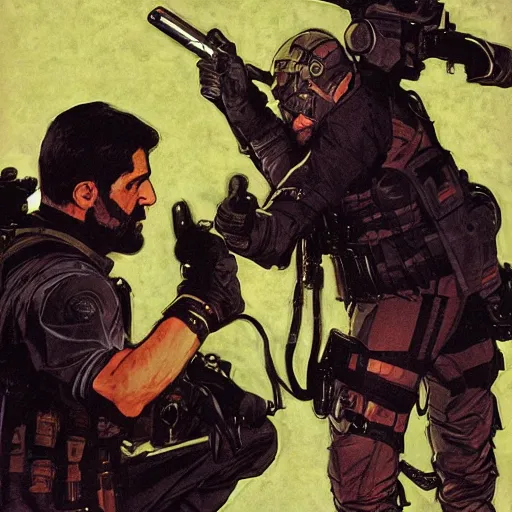 Image similar to Sam Fisher blackops operator choking out a guard. rb6s, MGS, and splinter cell Concept art by James Gurney, Alphonso Mucha. Vivid color scheme.