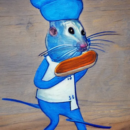 Image similar to blue rat with chef's hat holding a wooden spoon