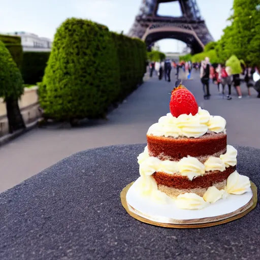 Prompt: a cake on a sidewalk in front of the eiffel tower