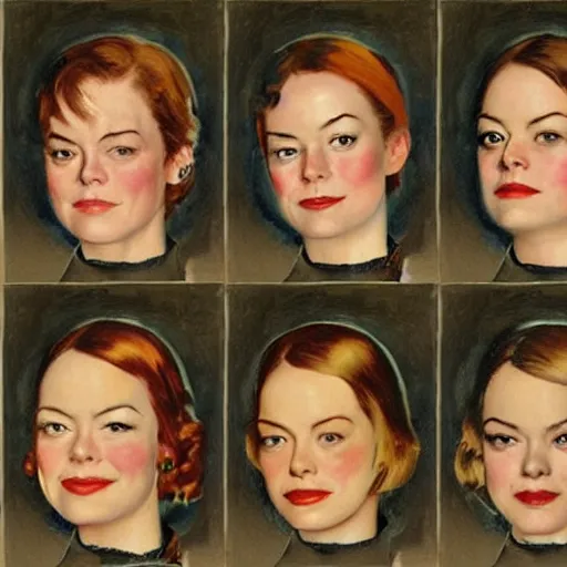 Prompt: Face portrait of Emma Stone\'s clones with various looks. Painting by Norman Rockwell.