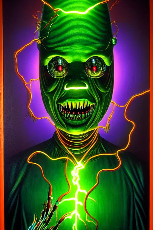 Prompt: a hyperrealistic painting of an electricity creature specter in the mansions lobby, cinematic horror by chris cunningham, lisa frank, richard corben, highly detailed, vivid color,