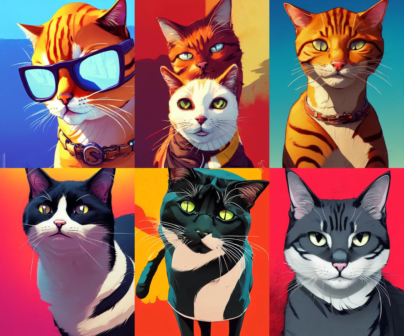 Prompt: portrait of a cat, no text, gta san andreas cover art, borderlands style, celshading, trending on artstation, by rhads, andreas rocha, rossdraws, makoto shinkai, laurie greasley, lois van baarle, ilya kuvshinov and greg rutkowski