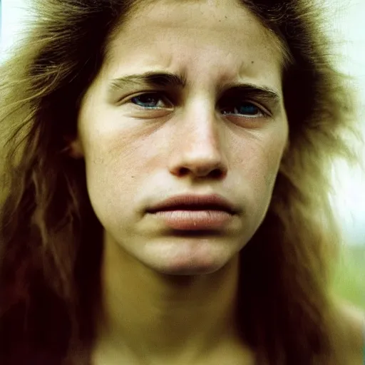 Prompt: a candid extreme closeup portrait of an expressive face of a focused young woman by annie leibovitz