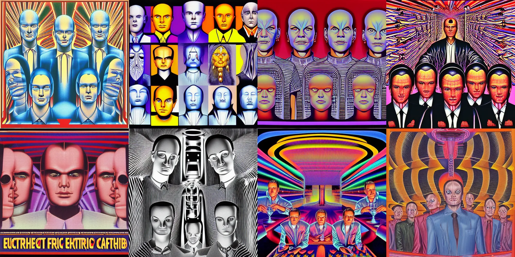 Prompt: portrait of fresh faced kraftwerk electric cafe, by alex grey