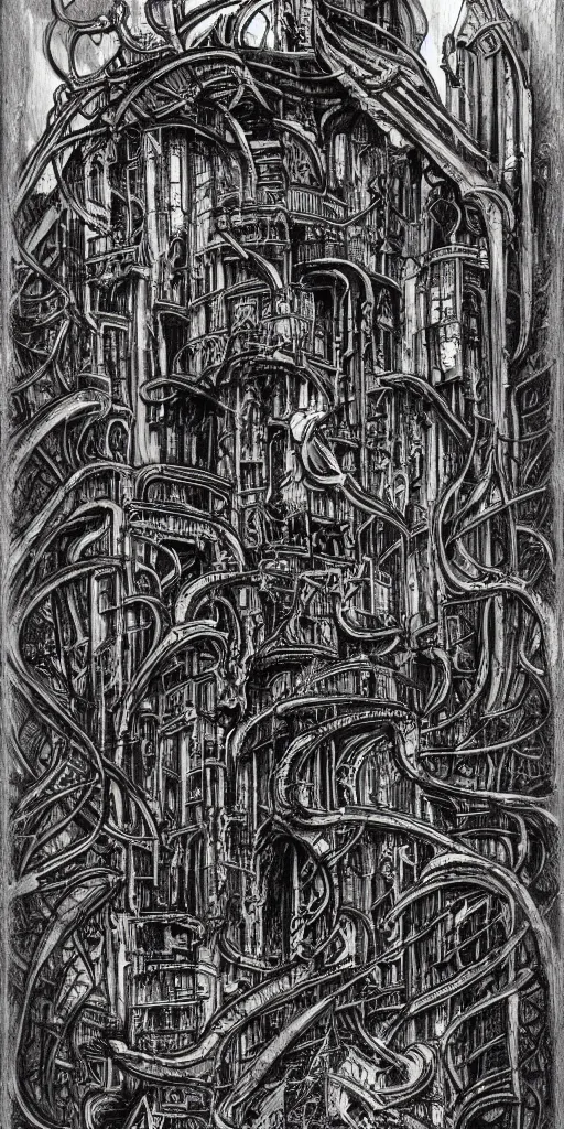 Image similar to a lovecraftian highly detailed ink sketch of a cyberpunk ruin by h. r giger in the style of art - deco art, 8 k