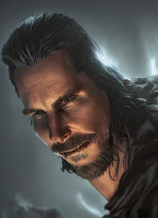 Prompt: A fantasy comic book style portrait painting of Christian Bale as a necromancer in a creepy misty graveyard setting, unreal 5, DAZ, hyperrealistic, octane render, RPG portrait, dynamic lighting