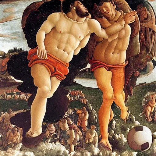 Image similar to painting of pele and maradona in heaven with a football ball, very detailled, by botticelli