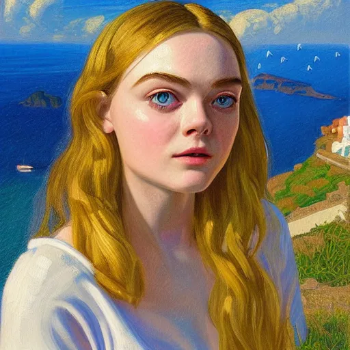 Image similar to professional painting of Elle Fanning in Santorini in the style of Daniel Garber, head and shoulders portrait, symmetrical facial features, smooth, sharp focus, illustration, intricate, stormy weather, extremely detailed masterpiece,