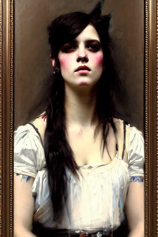 Image similar to solomon joseph solomon and richard schmid and jeremy lipking victorian genre painting full length portrait painting of a young beautiful woman punk rocker