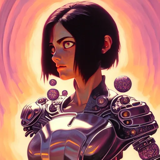 Image similar to Character Portrait of Battle Angel Alita surrounded by geometric nodes, face, fantasy, intricate, elegant, highly detailed, digital painting, artstation, concept art, smooth, sharp focus, illustration, art by Greg Manchess and Fernanda Suarez and Artem Demura and alphonse mucha