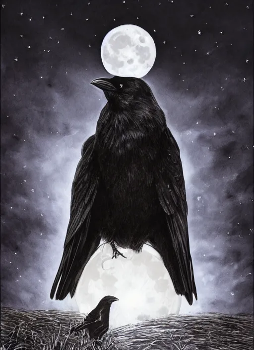 Image similar to portrait, A crow in front of the full big moon, book cover, red white and black colors, establishing shot, extremly high detail, foto realistic, cinematic lighting, pen and ink, intricate line drawings, by Yoshitaka Amano, Ruan Jia, Kentaro Miura, Artgerm, post processed, concept art, artstation, matte painting, style by eddie mendoza, raphael lacoste, alex ross