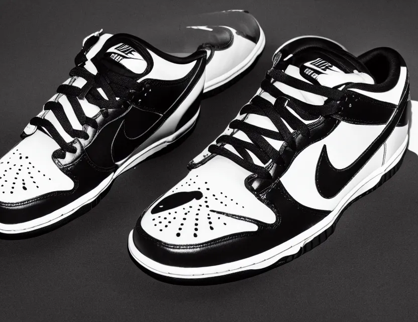 Image similar to a press photograph of nike dunk low black and white, size 1 0, white background