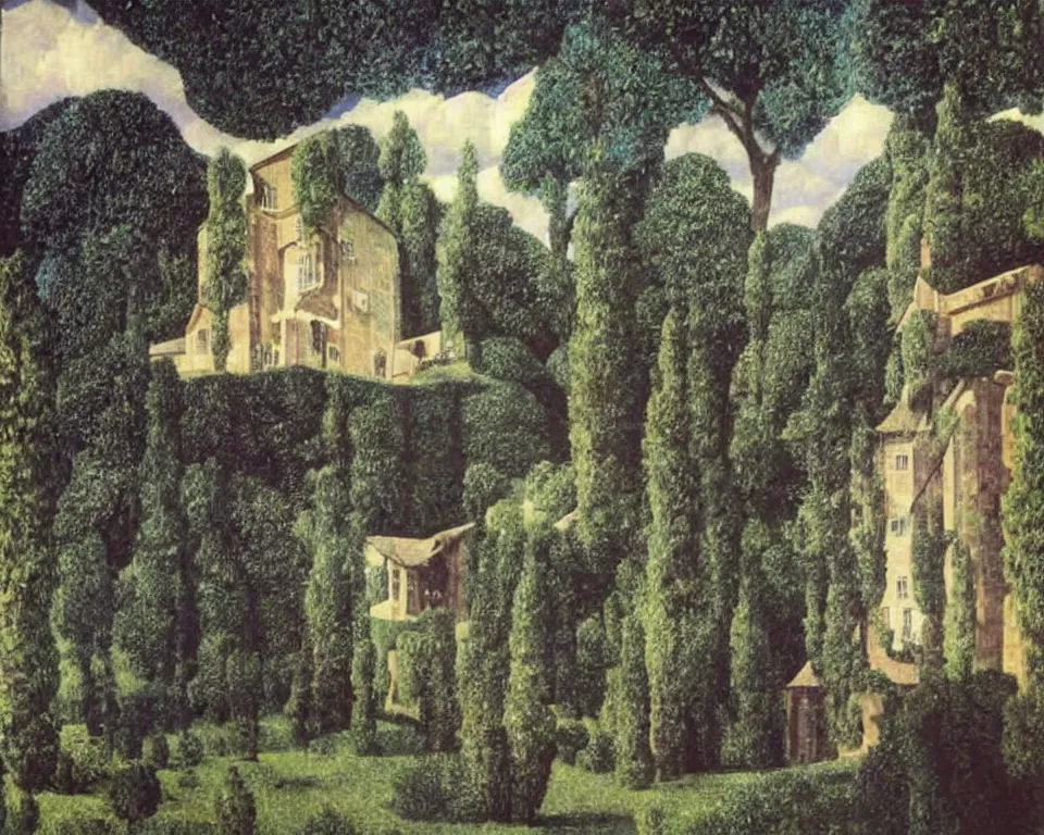 Prompt: an enchanting interstellar villa hidden in the valley time forgot by Rene Magritte and Giovanni Paolo Panini.