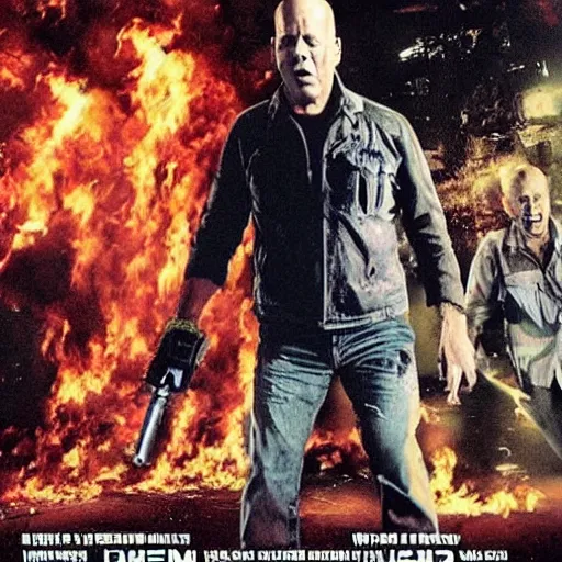 Image similar to Bruce Willis using a flamethrower to fight off a crowd of zombies, promo poster for new movie directed by George Romero