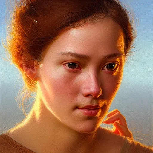 Image similar to Facial portrait of a cute shy woman, looking at the camera, slight awkward smile, lips slightly parted, no hands visible,, intricate, extremely detailed painting by Greg Rutkowski and by Henry Justice Ford and by Jean Giraud, golden hour