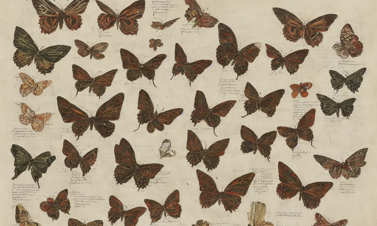 Prompt: taxonomy illustrations of butterflies in the style of carl linnaeus. on parchment, watercolour 8 k /