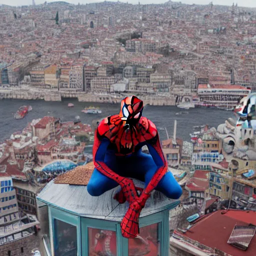 Image similar to Spider-man on top of the Galata Tower in Istanbul, photorealistic, 4K, 200mm lens