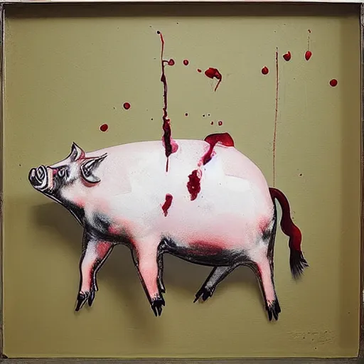 Prompt: “pig paintings and pig sculptures in a pig art gallery, pork, ikebana white flowers, white wax dripping, squashed raspberry stains, acrylic and spray paint and oilstick on canvas, by munch and Dali”