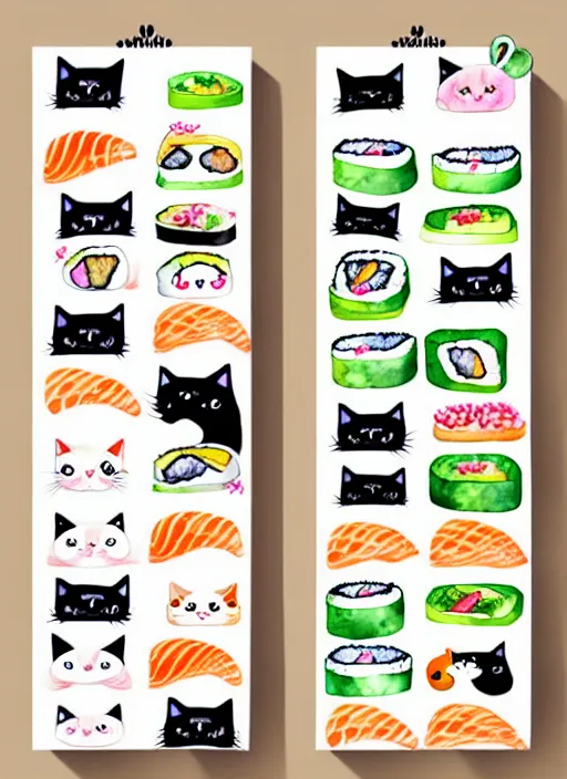 Image similar to cute cats and sushi watercolour illustrations sheet