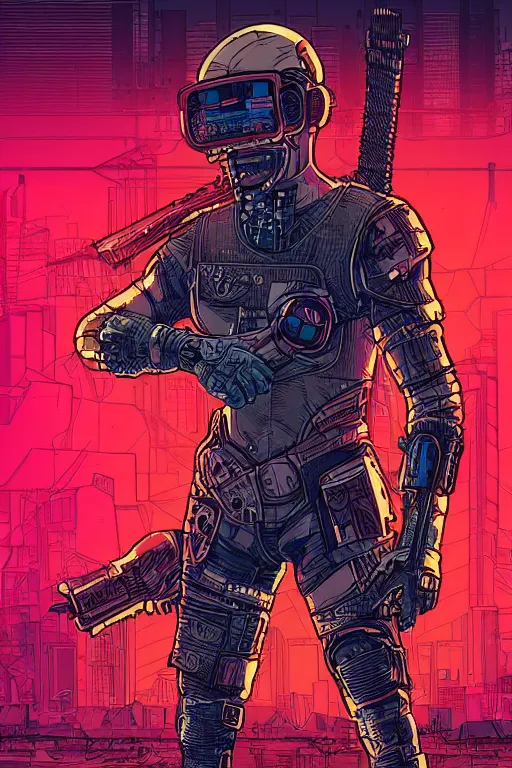 Prompt: a cyberpunk warrior in the style of Laurie Greasley, digital art, high definition, very detailed, vibrant color, neon
