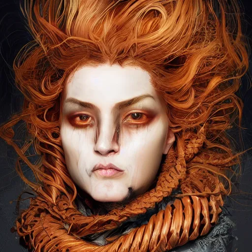 Image similar to portrait of a Shibari rope wrapped face and neck, headshot, insanely nice professional hair style, dramatic hair color, digital painting, of a old 17th century, old cyborg merchant, amber jewels, baroque, ornate clothing, scifi, realistic, hyperdetailed, chiaroscuro, concept art, art by Franz Hals and Jon Foster and Ayami Kojima and Amano and Karol Bak,