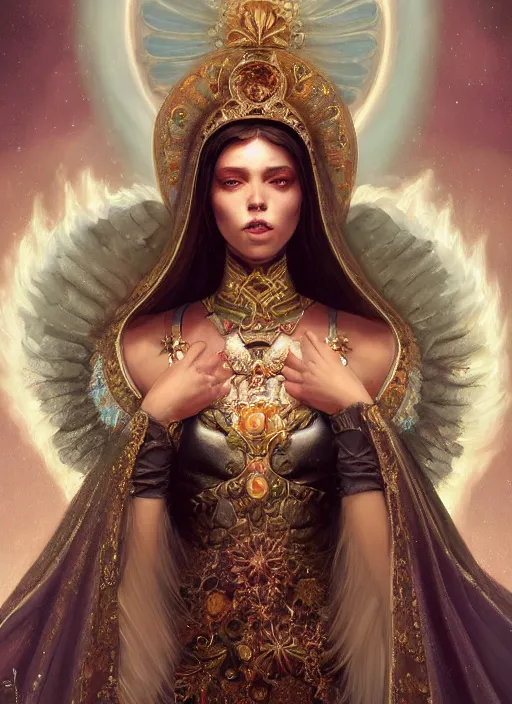 Image similar to A beautiful digital painting of a female Seraphim full of jewels, princess, the moon behind her, intricate, cinematic lighting, highly detailed, digital painting, Artstation, concept art, smooth, sharp focus, illustration, art by Tom Bagshaw, Artgerm and Greg Rutkowski