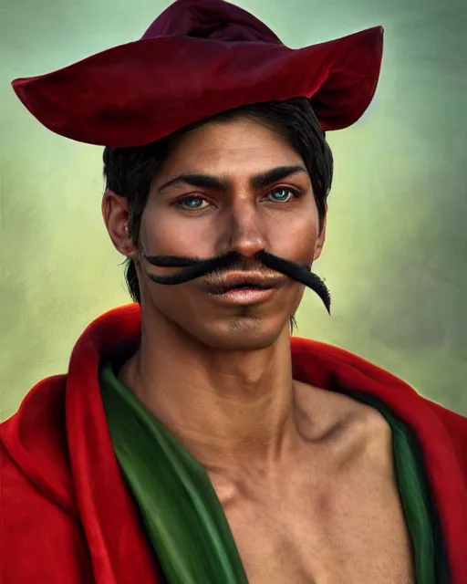 Prompt: portrait of a masculine, strong, viril, but young gaucho warrior, tanned white skin, green eyes, with a red scarf, long moustache, white shirt, art by denys tsiperko and bogdan rezunenko and gengoroh tagame, hyperrealism, fantasy art