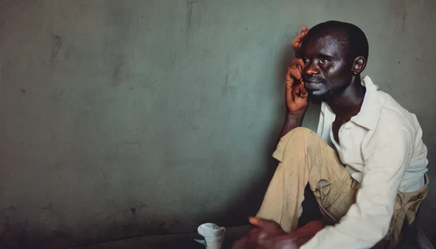 Prompt: movie still by djibril diop mambety of a man with stomach on his knee, cinestill 8 0 0 t
