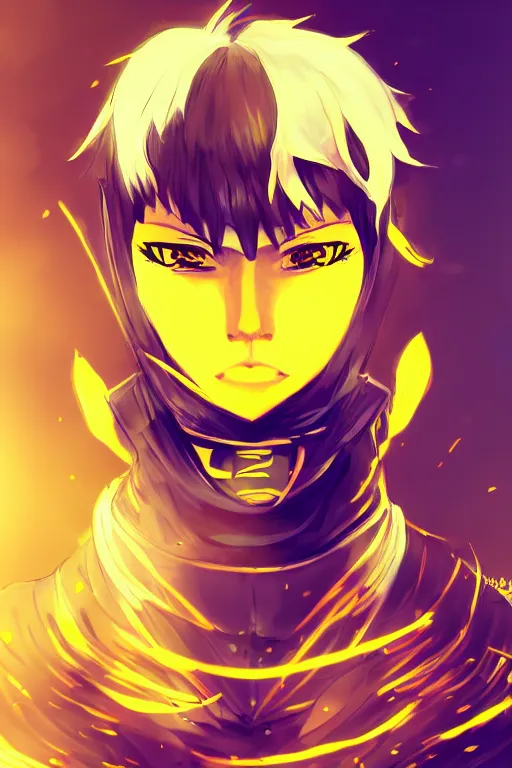 Image similar to glowing black male anime character, short golden hair, yellow eyes, symmetrical, highly detailed, digital art, sharp focus, trending on art station, samurai, electricity superpowers, anime art style