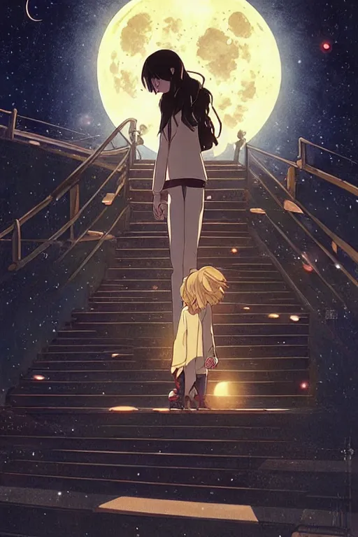 Image similar to a full moon containing the glimmering stairways to otherworldly galaxies, high intricate details, rule of thirds, golden ratio, cinematic light, anime style, graphic novel by fiona staples and dustin nguyen, by beaststars and orange, peter elson, alan bean, studio ghibli, makoto shinkai